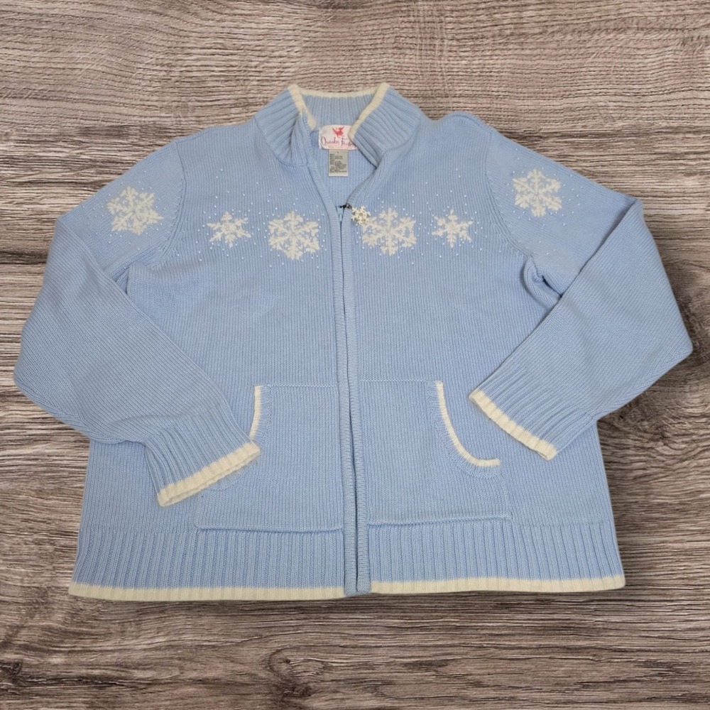 Quaker Factory Full Zip Snowflake Cardigan Sweater Baby Blue‎ size Large